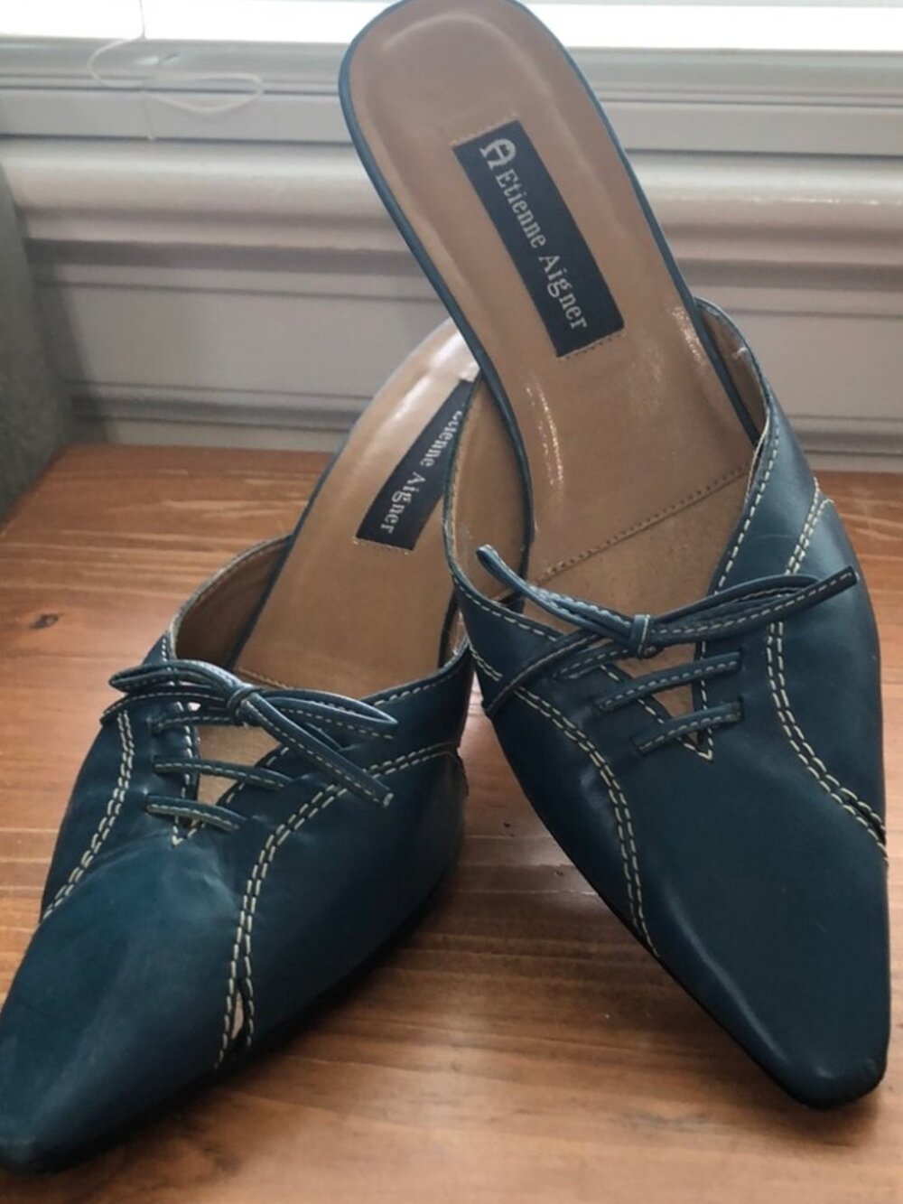 VINTAGE Etienne Aigner Teal Blue Leather Lace-Up Kitten Heel Mules